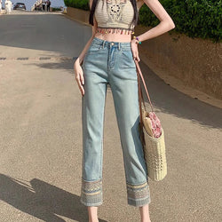 Saviig Spliced Straight Denim Pants: High Waist Ankle-Length Korean Jeans