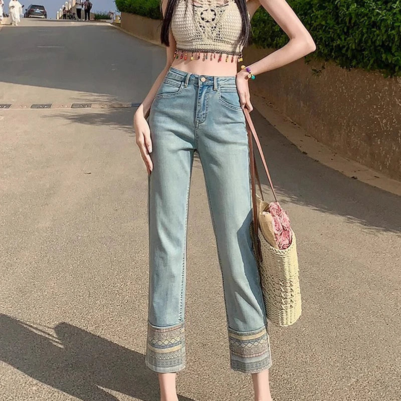 Saviig Spliced Straight Denim Pants: High Waist Ankle-Length Korean Jeans