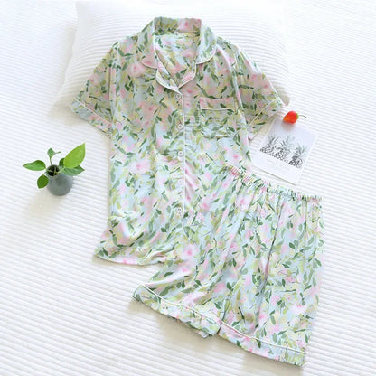 Saviig Summer Pajama Set: Viscose Short-Sleeve Top & Cotton Shorts