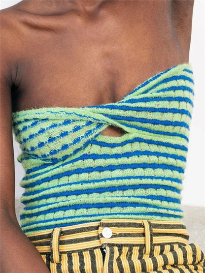 Saviig Striped Knit Tube Top - Sexy Off Shoulder Backless Bustier Streetwear