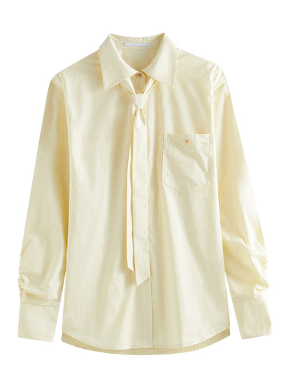Saviig Cotton Long Sleeved Shirt with Detachable Tie - Spring 2025 Casual Women's Shirt