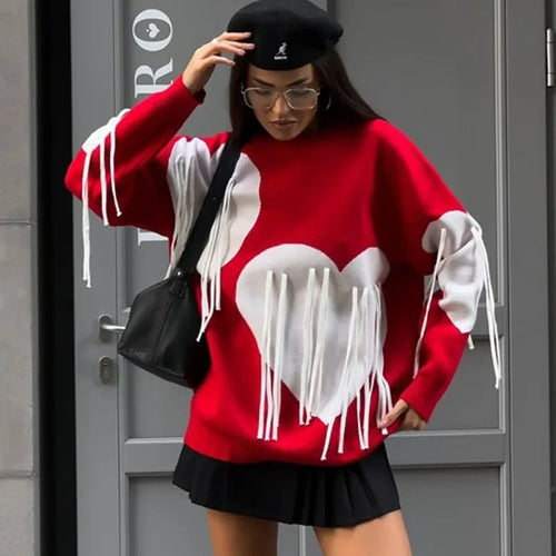 Saviig Heart Print O-Neck Sweater: Women's Casual Knit Pullover with Tassels