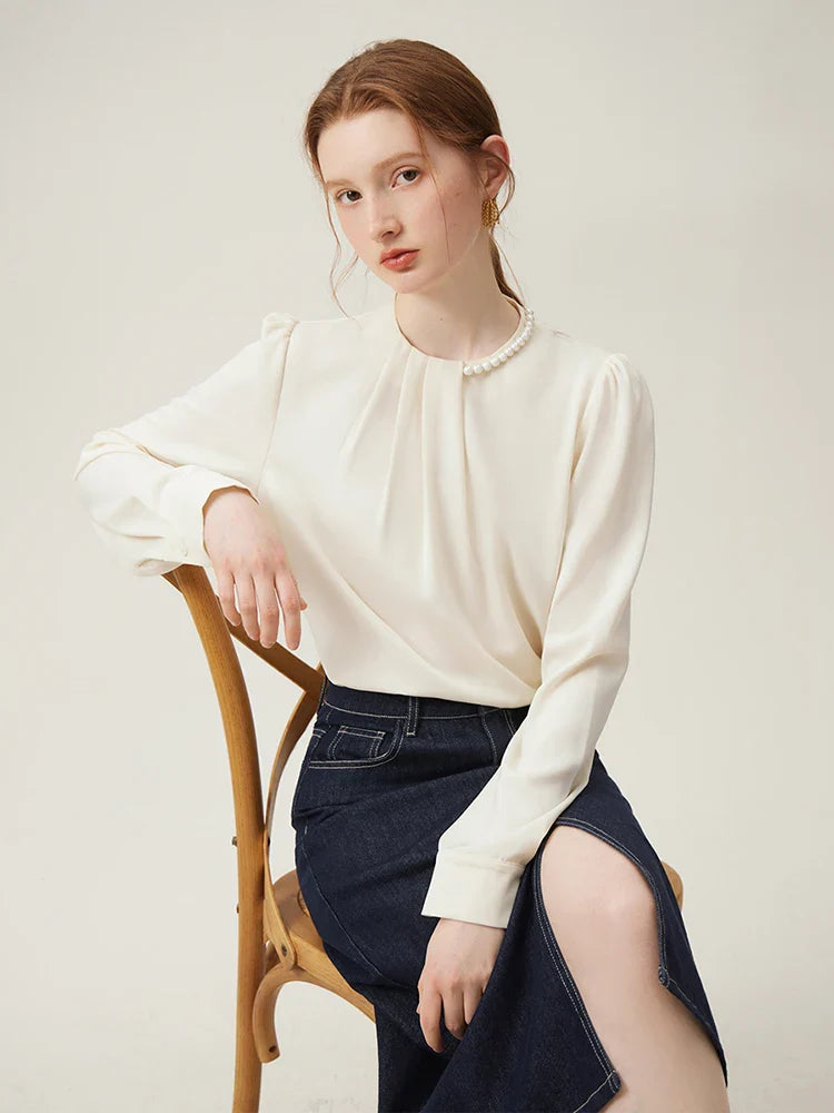 Saviig French Pearl Shirt: Round Neck Puff Sleeve Office Lady Spring Blouse