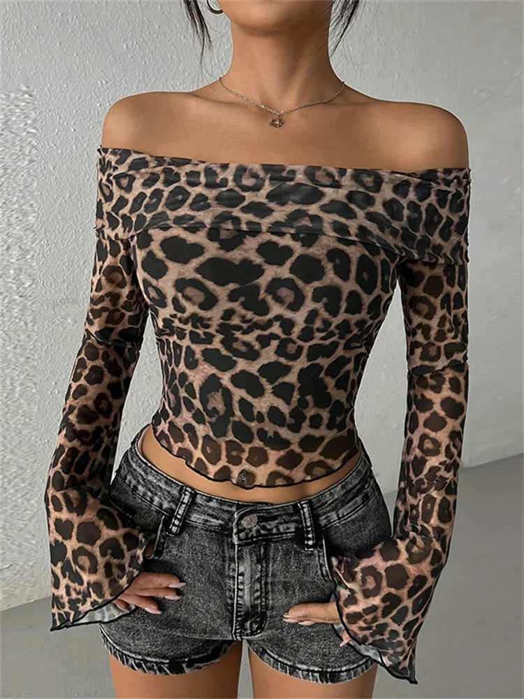 Saviig Leopard Mesh Off-Shoulder Crop Top - Y2K Style Slim Tee