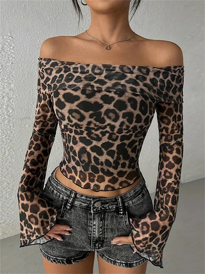 Saviig Leopard Mesh Off-Shoulder Crop Top - Y2K Style Slim Tee