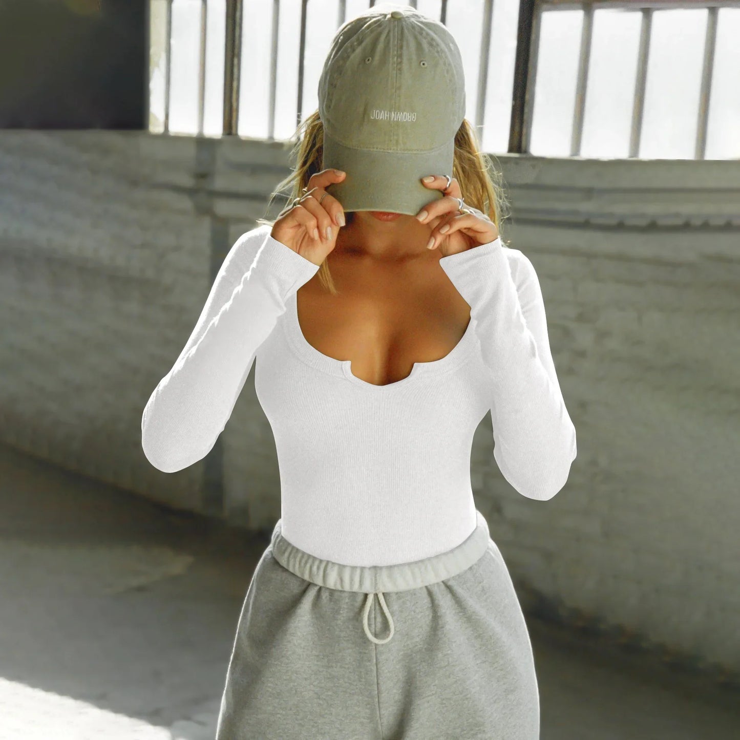 Saviig Ribbed V-Neck Long Sleeve Tee - Solid Color Slim Fit Top