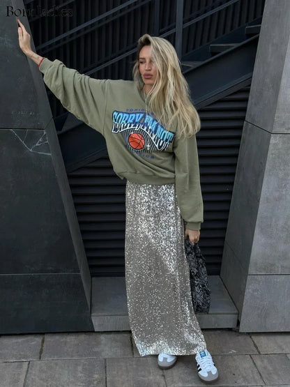 Saviig Silk Sequins Drop Waist Long Skirt - Elegant Streetwear Fashion