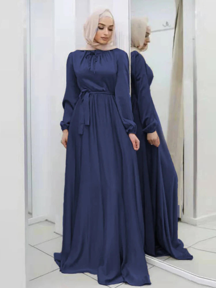 Saviig Lace-Up Satin Maxi Dress with Long Sleeves for Women Muslim Abaya