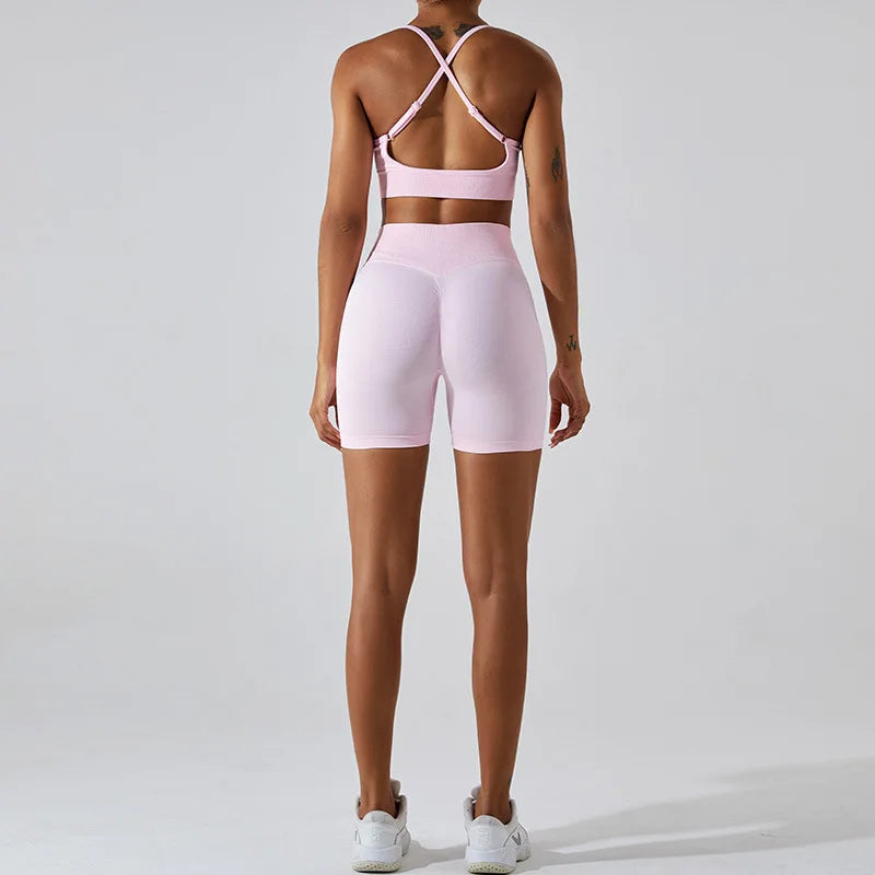 Saviig Seamless Ribbed Yoga Set: Crop Tank & High Waist Shorts Fitness Outfit
