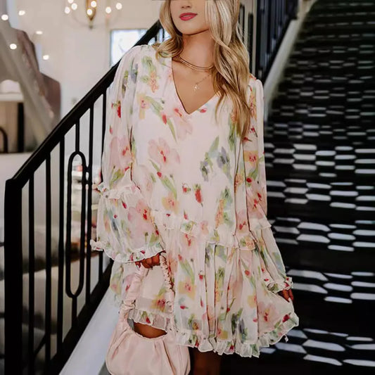 Saviig Sweet Mushroom Edge Double Layered V-neck Mini Dress