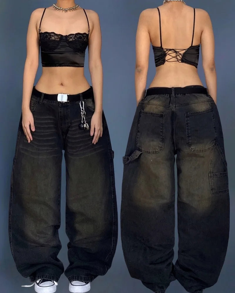 Saviig Black Washed Baggy Jeans: High Waist Wide Leg Pants