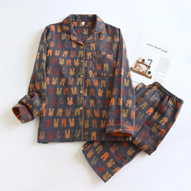 Saviig Cotton Couple Pajama Set: Long Sleeve Top and Pants for Men and Women