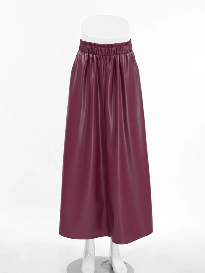 Saviig Retro Red Leather Half Skirt for Women | Autumn Winter PU Chic Long Skirt
