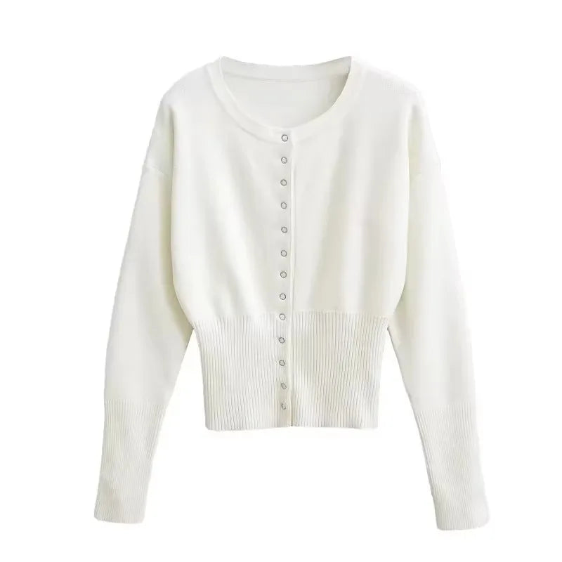 Saviig High Waist Round Neck Cardigan Short Sweater Top Slim Fit
