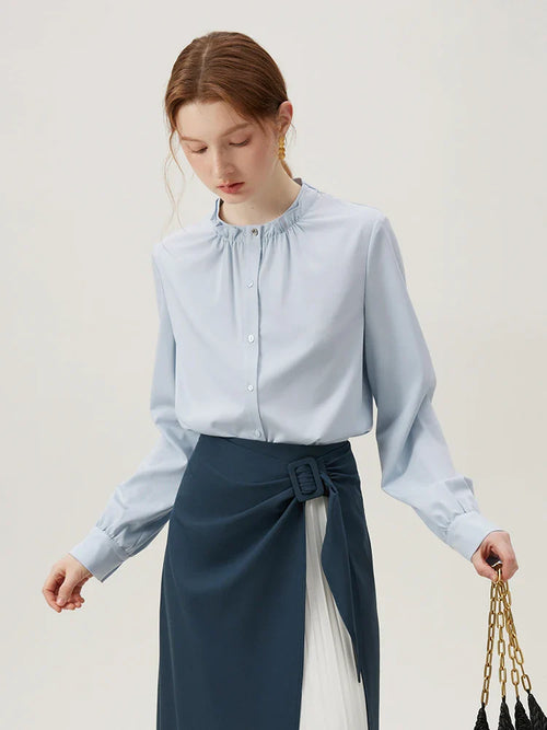 Saviig Blue Modal Collar Blouse: Spring 2024 Fashion Stand Collar Office Shirt