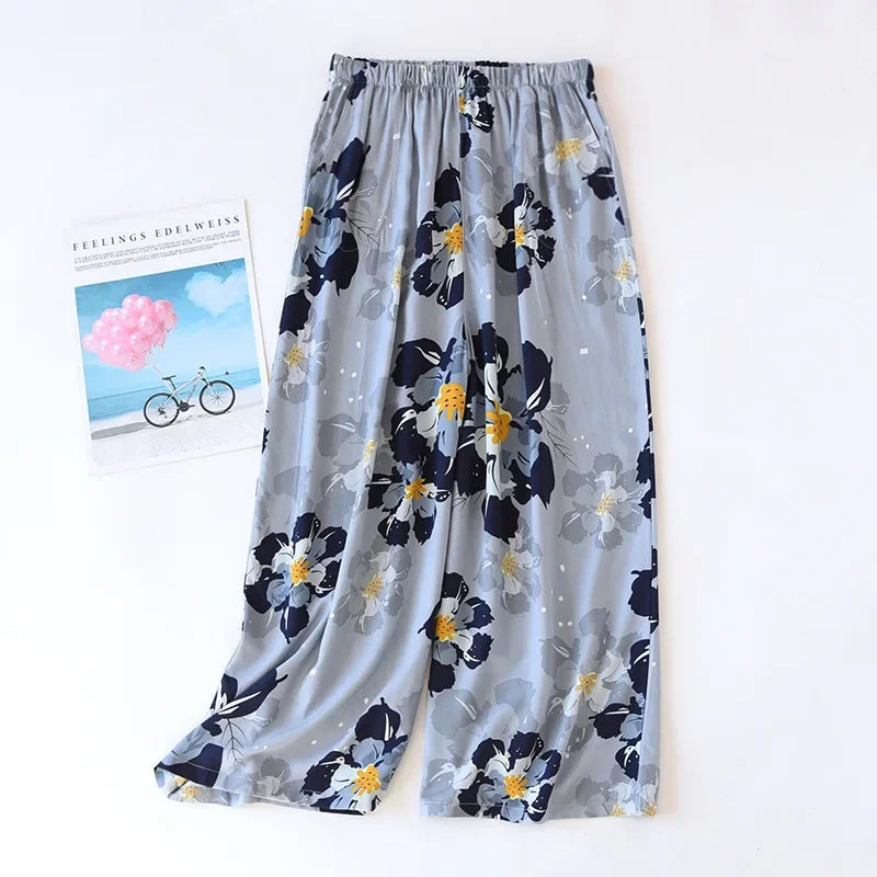 Saviig Summer Viscose Wide Leg Pajama Cropped Pants Plus Size
