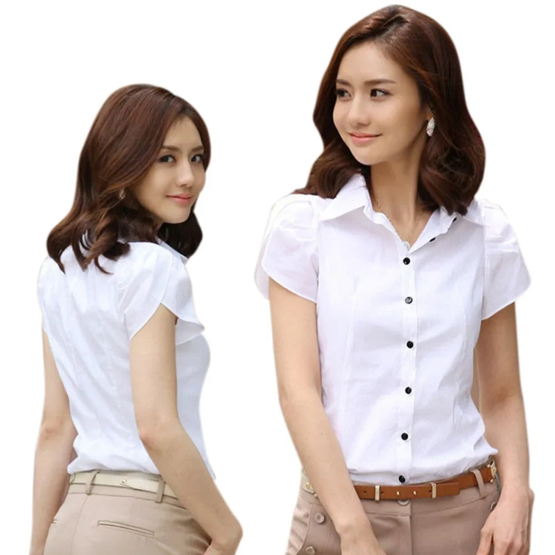 Saviig Women's Slim Fit Office Shirt - Short Sleeve, Turn-down Collar