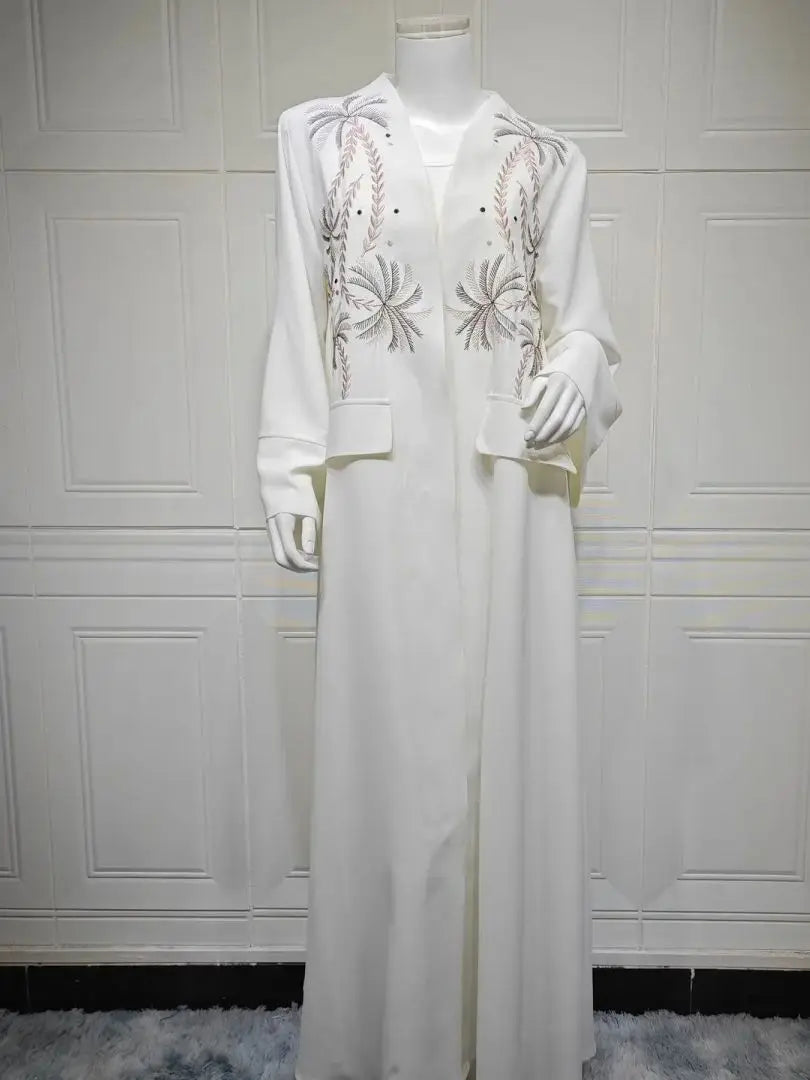 Saviig Luxury White Muslim Eid Kebaya Kaftan Abaya Modest Kimono Robe for Women