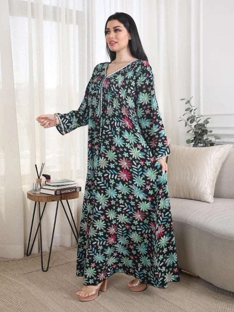 Saviig Floral Print Diamond Eid Abaya Dress for Women - Muslim Party Kaftan Dubai