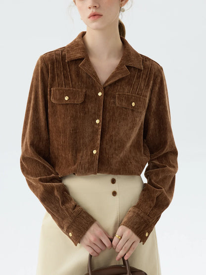 Saviig Beige Long Sleeve Turn-down Collar Women's Blouse Top