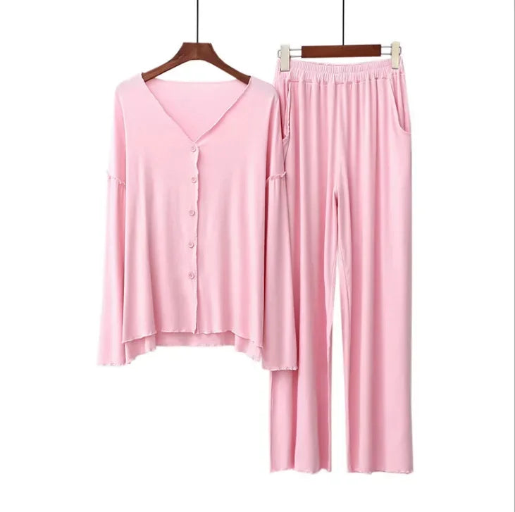 Saviig Cotton Pajama Set, Solid Color Cardigan & Long-Sleeve Pants for Women