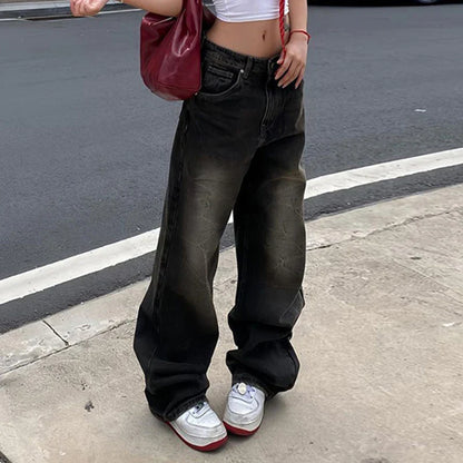 Saviig High Waist Loose Black Wide Leg Denim Jeans for Women, Y2K Streetwear Fashion