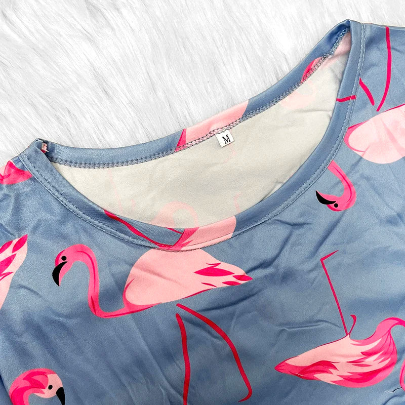 Saviig Flamingo Print Pajama Set for Women Short Sleeve Top Shorts Pyjama Femme