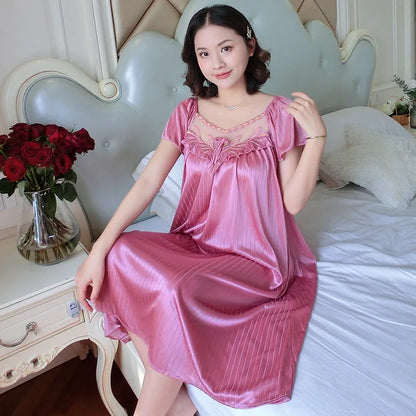Saviig Ice Silk Nightgown: Short Sleeve Sexy Sleepwear & Lounge Pyjama