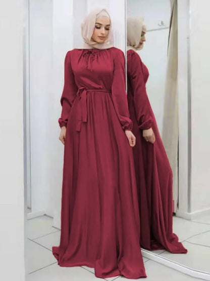 Saviig Lace-Up Satin Maxi Dress with Long Sleeves for Women Muslim Abaya