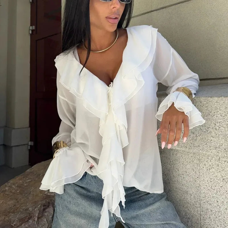 Saviig Summer White Chiffon Ruffle V-Neck Shirt