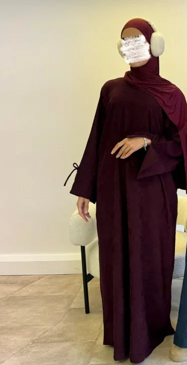 Saviig Corduroy Bowknot Abaya: Modest O Neck Dress with Pockets