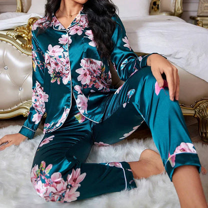 Saviig Floral Print Satin Pajama Set, Long-Sleeve Button Down Loungewear Costume
