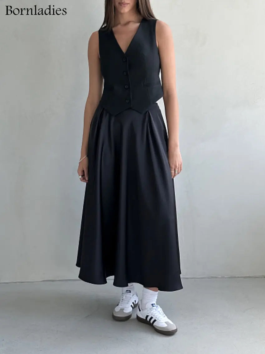 Saviig Elegant Satin Maxi Skirt - High Waist Black Streetwear Fashion