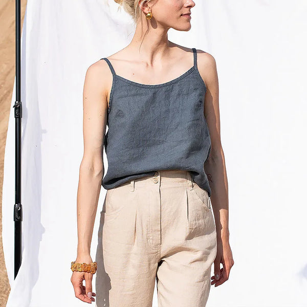 Saviig 100% Linen Crop Top Sleeveless White Tank Women's Korean Fashion