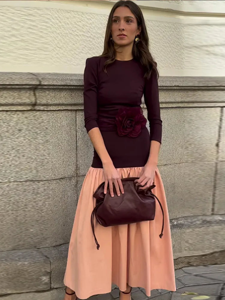 Saviig Fashion Contrast Splicing Pleated Long Dress Round Neck Loose Vestido