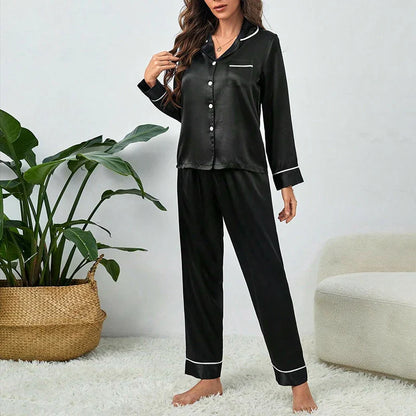 Saviig Button V Neck Pajamas Set with Long Sleeve Top & Trousers- 2 Piece