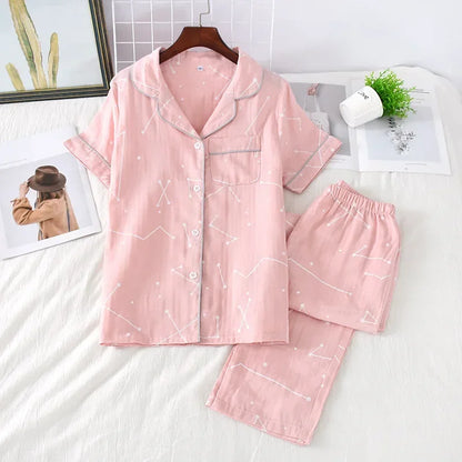 Saviig Cotton Gauze Women's Pajama Set: Short-Sleeve Top & Pants, Cute & Lightweight