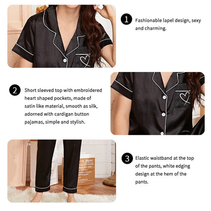 Saviig Heart Embroidered Pajama Set: Satin Button-Down Top & Shorts for Women