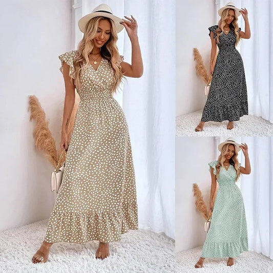Saviig Floral V-Neck High Waist Dress with Lotus Leaf Sleeves for Summer 2025