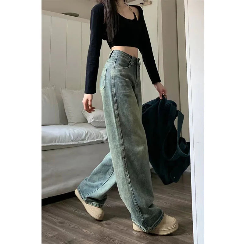 Saviig Vintage High-Waisted Distressed Denim Jeans Wide Leg Cowboy Pants