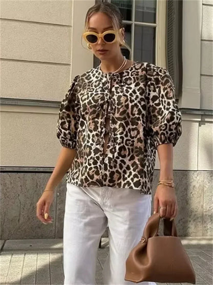 Saviig Leopard Print Contrast Lace-Up Slim Bandage Shirt