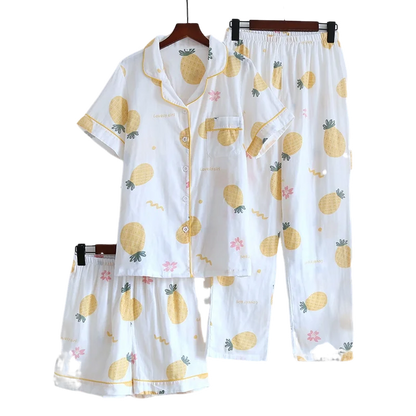 Saviig Women's Flowers Print Pajama Set in Pink & White, 3pcs - Summer Sleepwear