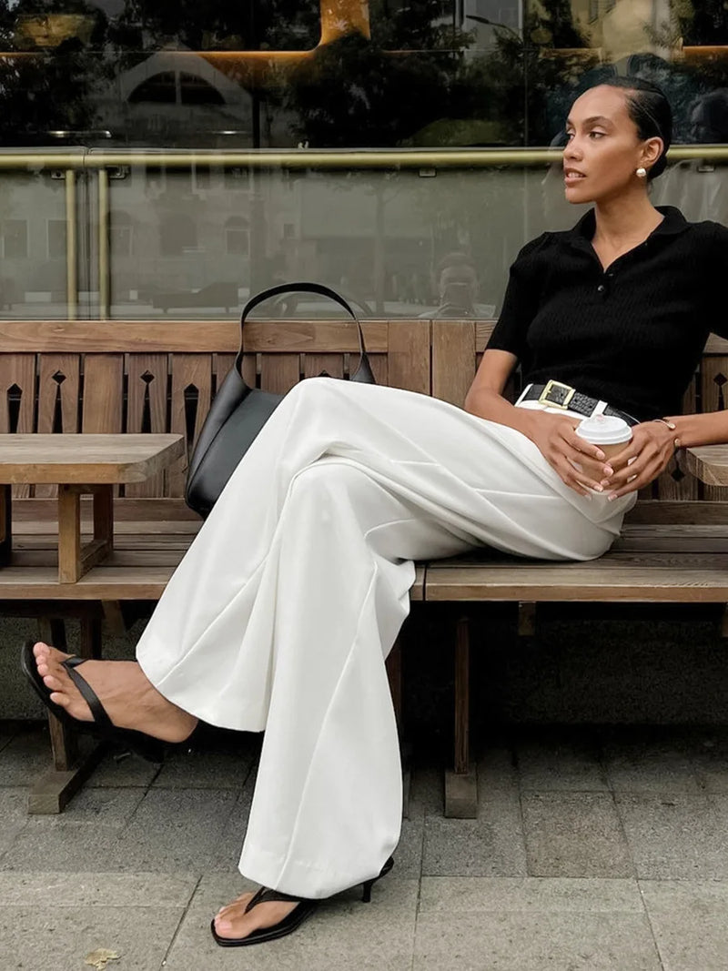 Saviig High Waist Wide Leg Pants | White Office Lady Loose Trousers