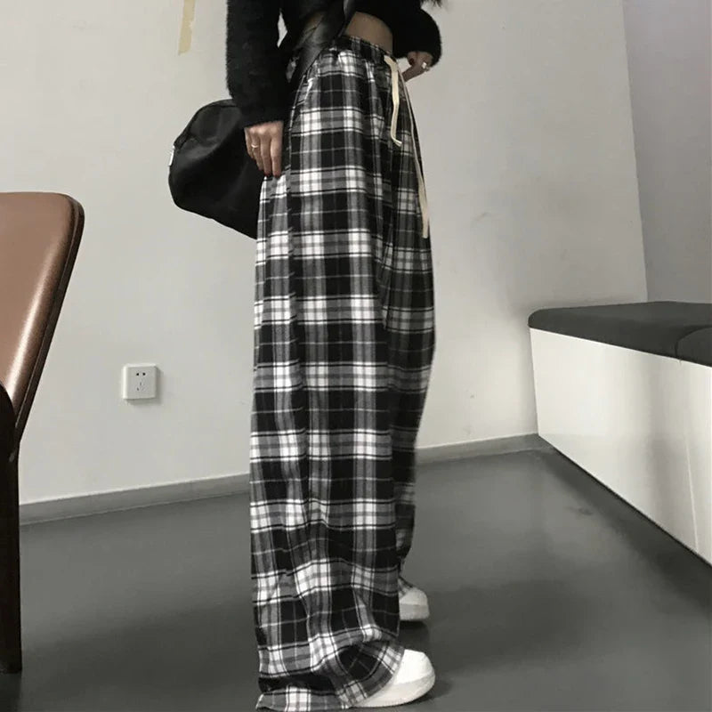 Saviig Harajuku Plaid Pants: Black and White Unisex Wide Leg Trousers
