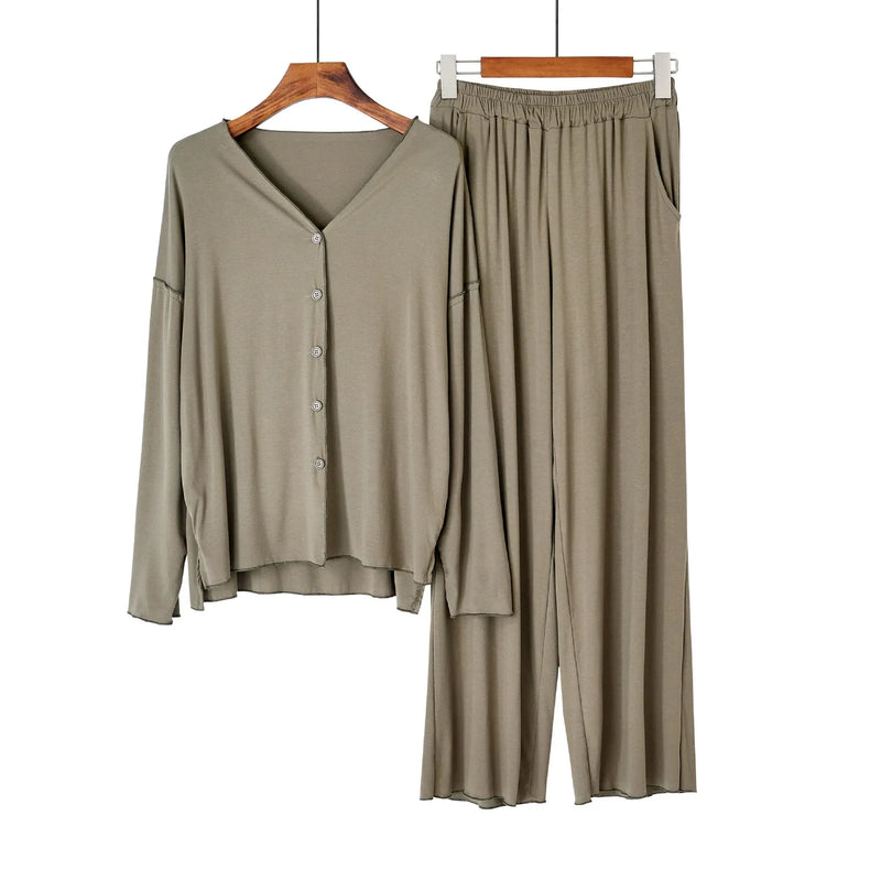 Saviig Cotton Pajama Set, Solid Color Cardigan & Long-Sleeve Pants for Women
