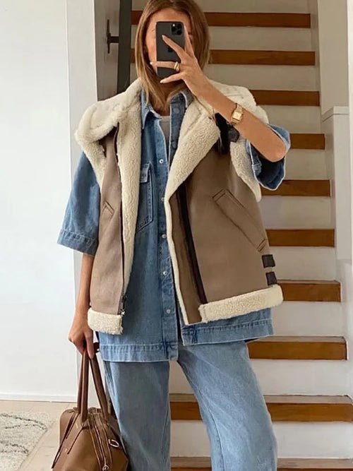 Saviig Contrast Cardigan Vest Sleeveless Zipper Pocket Patchwork Fashion Women's Jackets
