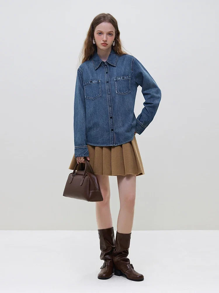 Saviig Cotton Blue Denim Polo Neck Blouse