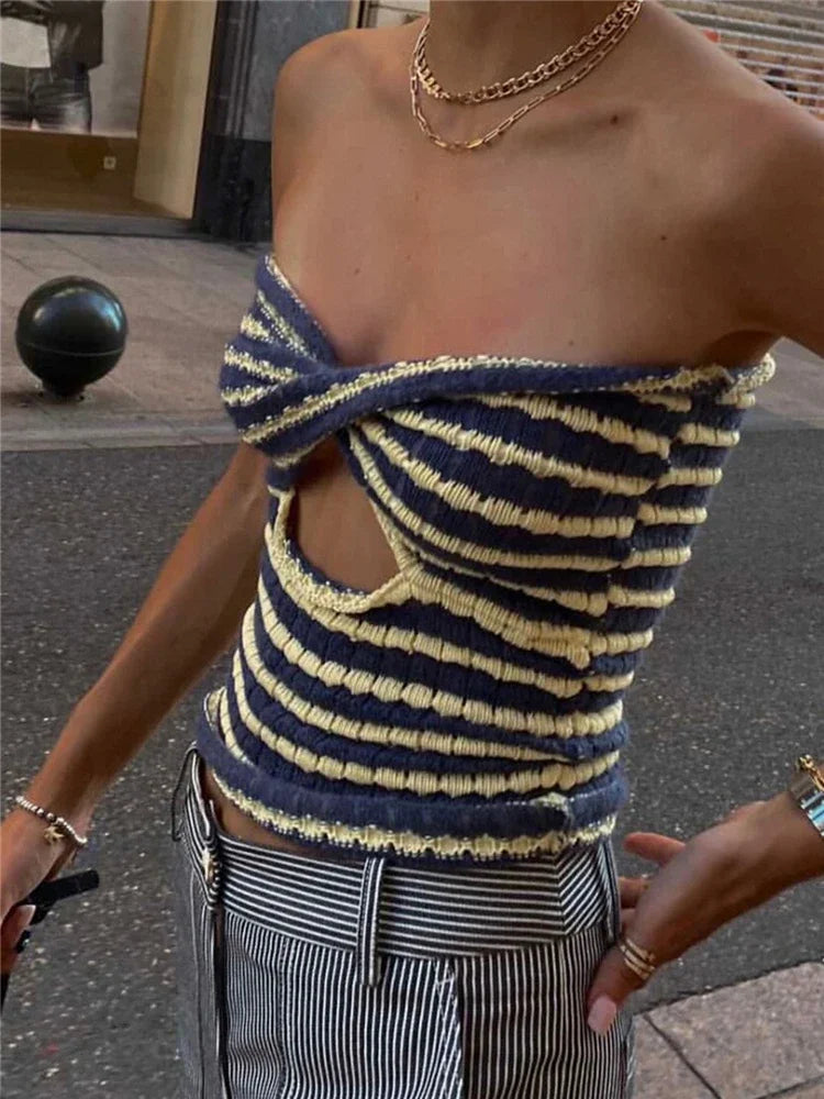Saviig Striped Knit Tube Top - Sexy Off Shoulder Backless Bustier Streetwear