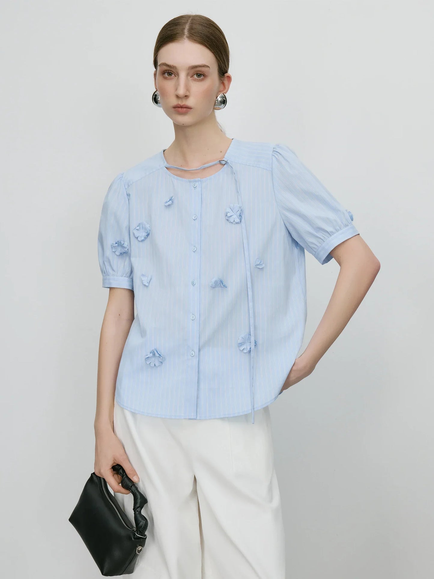 Saviig Women's Blue Striped Beaded Short Sleeve Summer Shirt