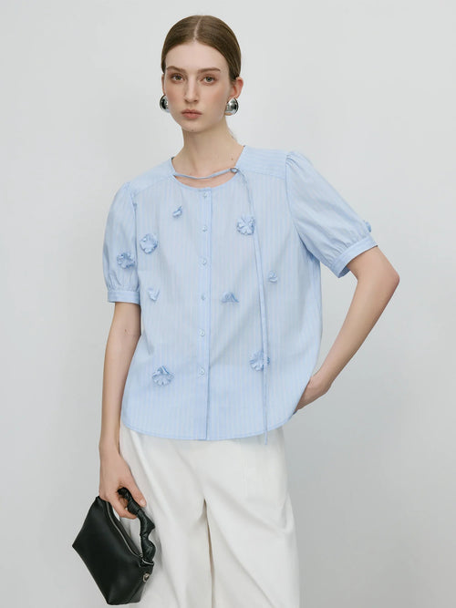 Saviig Women's Blue Striped Beaded Short Sleeve Summer Shirt